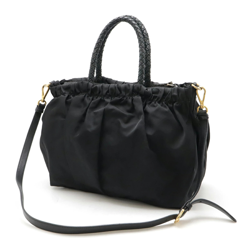 Prada Bag Black NERO Braided Gathered Ribbon Shoulder Handbag Tote Black